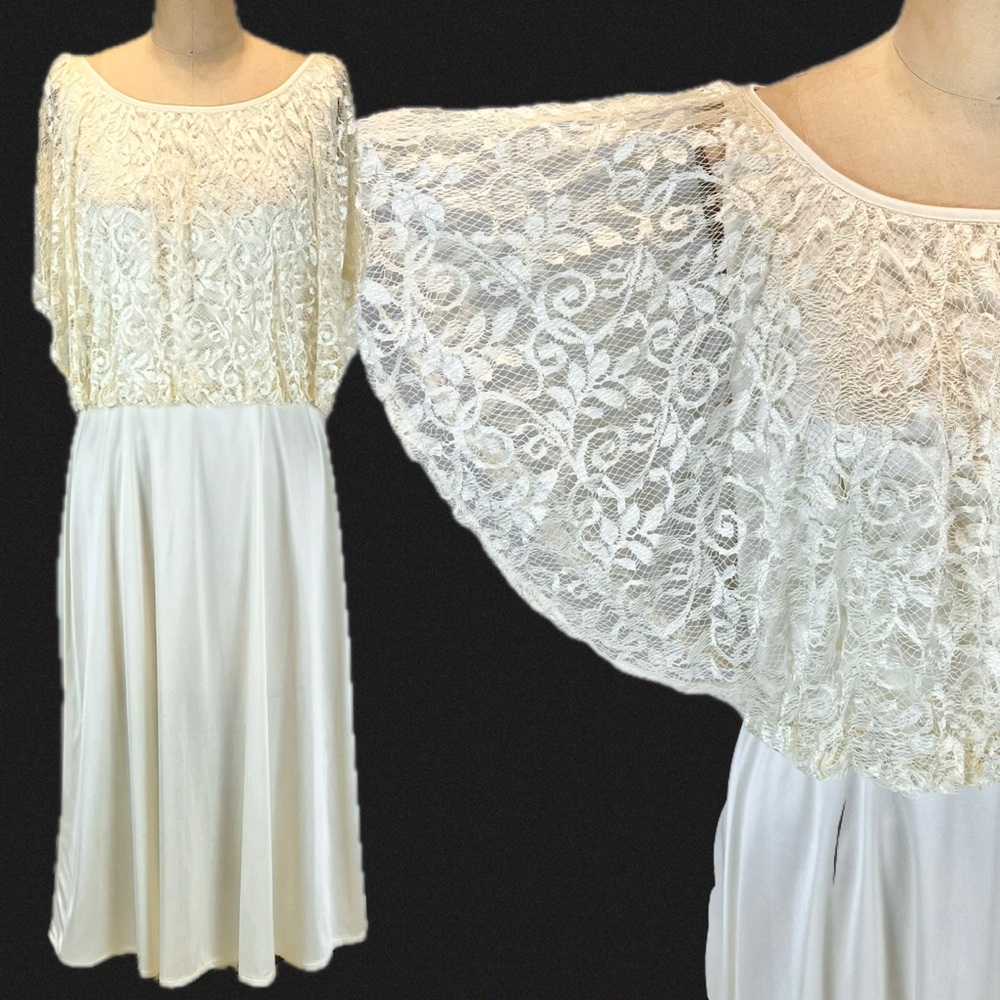 VINTAGE 70s lace formal‎ dress gown midi angel flutter sleeve ivory wedding